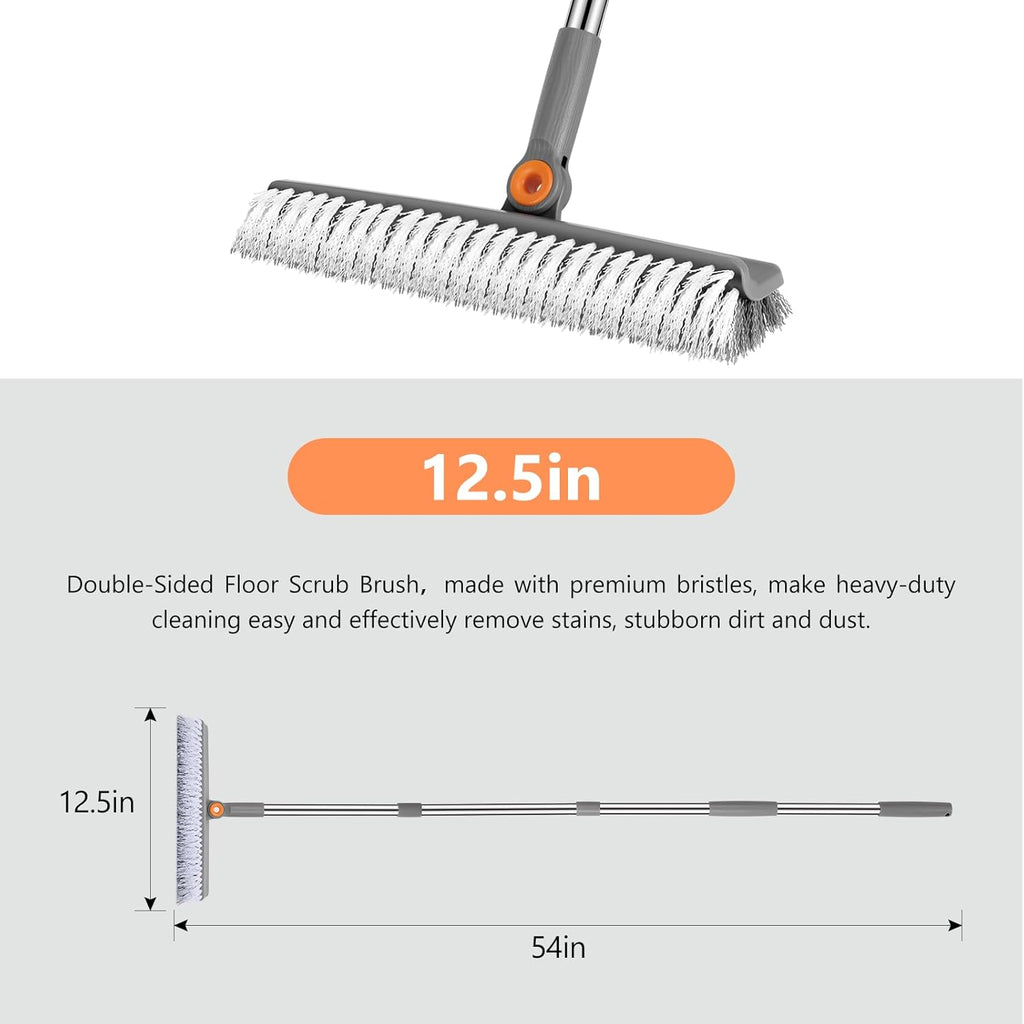 Large Double-Sided Floor Scrub Brush, Long Adjustable Handle Floor Scrubber 180° Rotating V-Shaped Heavy-Duty Shower Cleaning Brush No Scratches Suitable for Floor, Tile, Tub, Bathroom, 12.5IN