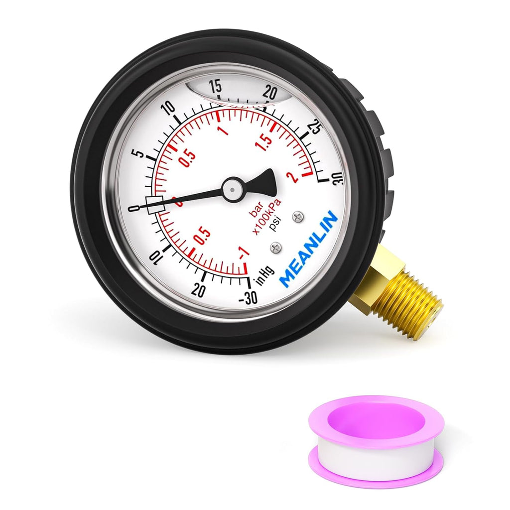 MEANLIN MEASURE -30inHG~30Psi Stainless Steel Vacuum Pressure Gauge 1/4" NPT 2.5" FACE DIAL with Rubber Protective Sleeve, Lower Mount