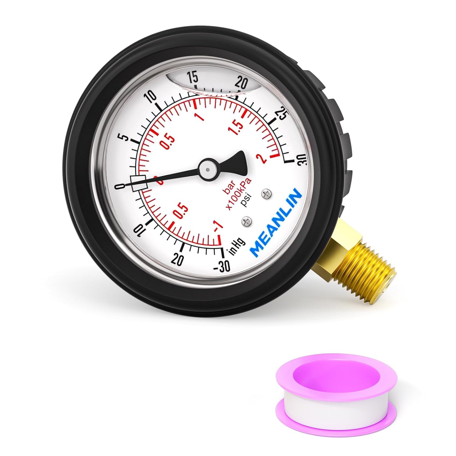MEANLIN MEASURE -30inHG~30Psi Stainless Steel Vacuum Pressure Gauge 1/4" NPT 2.5" FACE DIAL with Rubber Protective Sleeve, Lower Mount