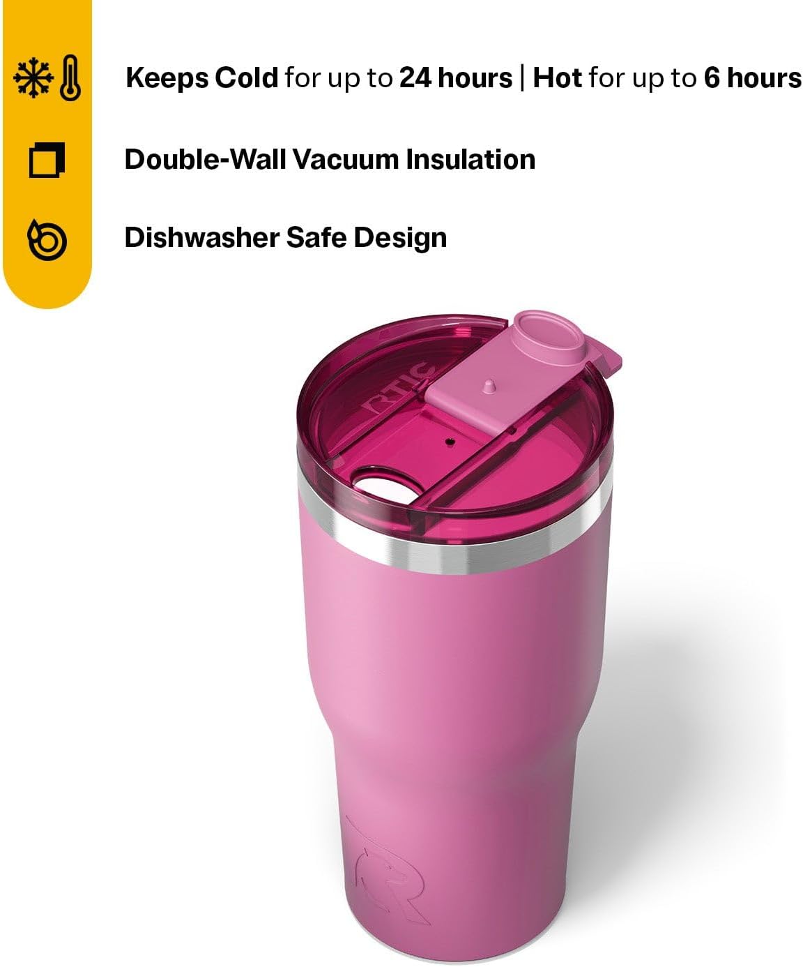 RTIC 30oz Essential Tumbler with Lid, Insulated, Stainless Steel, Metal, Double Wall Vacuum-Insulation, Ceramic Lined, Travel Cup for Iced Coffee, Tea, Hot and Cold Drink, Orchid