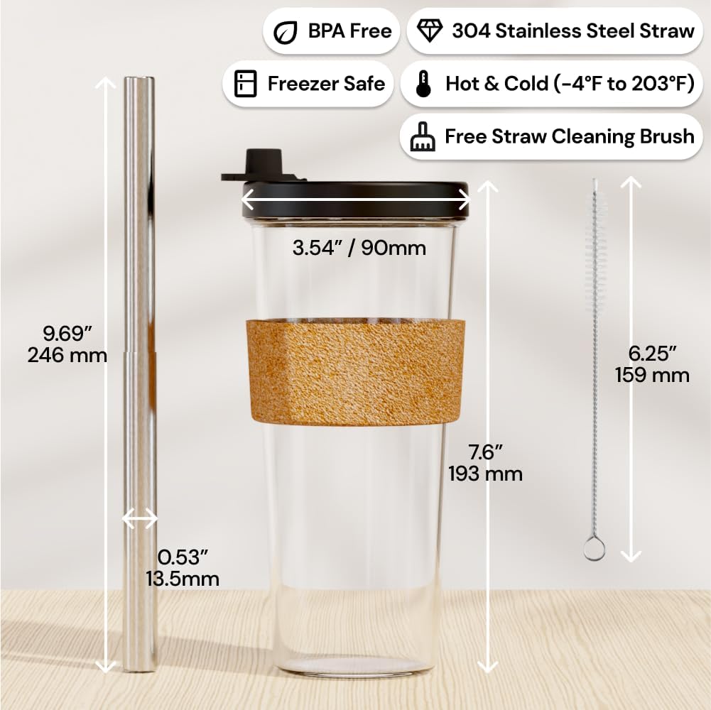Dodoko Reusable Boba Cup and Straw Boba Tea Cup Bubble Tea Cup Reusable Iced Coffee Cup Cold Coffee Cup Smoothie Cup with Lid and Straw Smoothie Cup to go Smoothie Tumbler 24 oz - Night Black