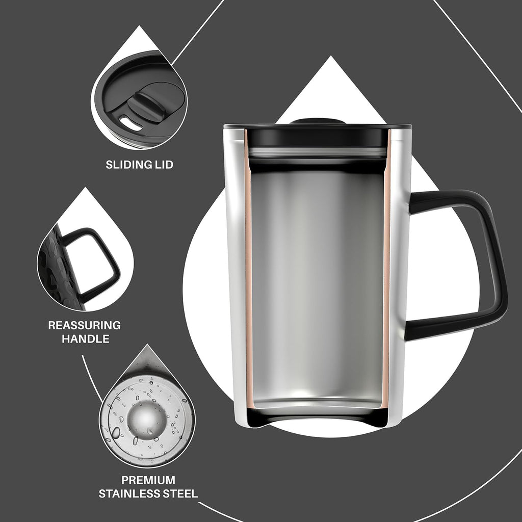 Ideus Vacuum Insulated Coffee Mug, 16oz Reusable Stainless Steel Thermal Double Walled cup with Handle and Slider Lid for Hot & Cold Beverages, BPA Free (Leapord Black)