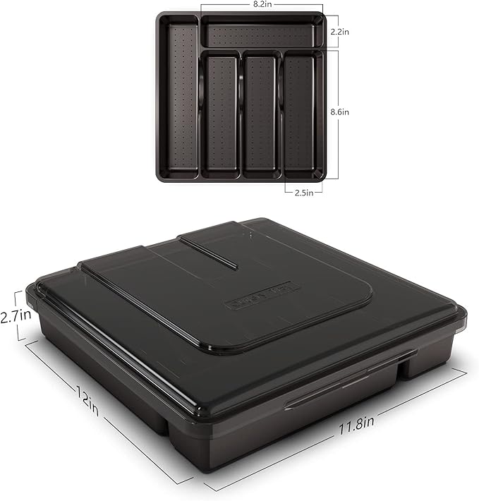 Silverware Tray with Lid, Utensil Drawer Organizer for Kitchen Countertop Plastic Flatware Organizers and Storage holder 5 Compartments Black