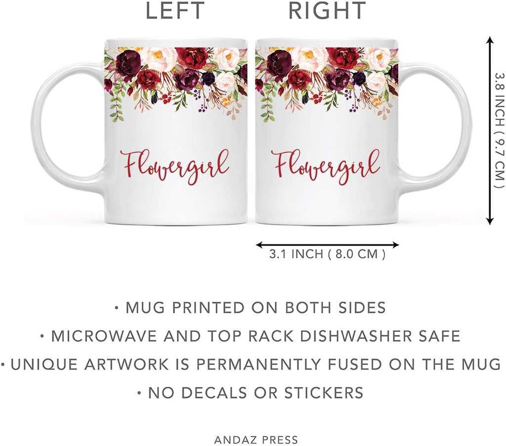 Andaz Press 11oz. Wedding Ceramic Coffee Tea Mug Gift, Fall Autumn Marsala Burgundy Flowers Roses Florals, Flowergirl, 1-Pack, Includes Gift Box