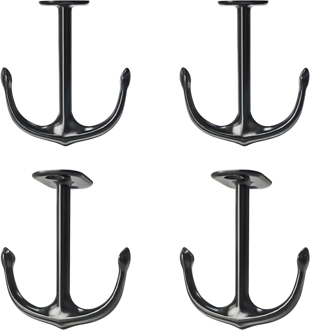 Anchor Shape Zinc Alloy Double Prong Ceiling Hooks, 4-Pack Under Shelf Coat Hooks Hanging Towel Robe Clothes Cap Bathroom Kitchen Cabinet Garage Use (Black)