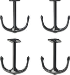 Anchor Shape Zinc Alloy Double Prong Ceiling Hooks, 4-Pack Under Shelf Coat Hooks Hanging Towel Robe Clothes Cap Bathroom Kitchen Cabinet Garage Use (Black)