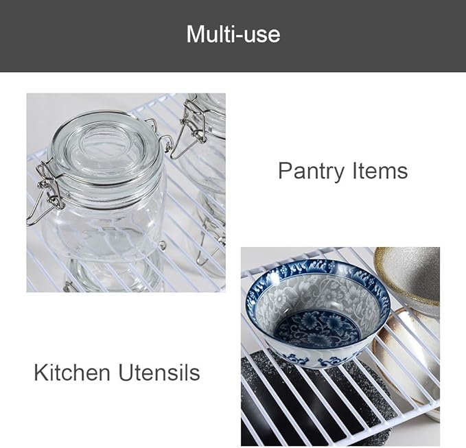 Redrubbit Large (15.7 x 9. 4 Inch) Cabinet Storage Shelf Rack, Rustproof Kitchen Counter and Cabinet Shelf, Storage Rack Organizer for Kitchen, Fridge, Cabinet, Bathroom, Set of 4