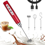 Nahida Red Milk Frother Wand for Coffee - Rechargeable Handheld Electric Whisk with 3 Heads, 3 Speeds - Drink Mixer for Latte, Cappuccino, Hot Chocolate