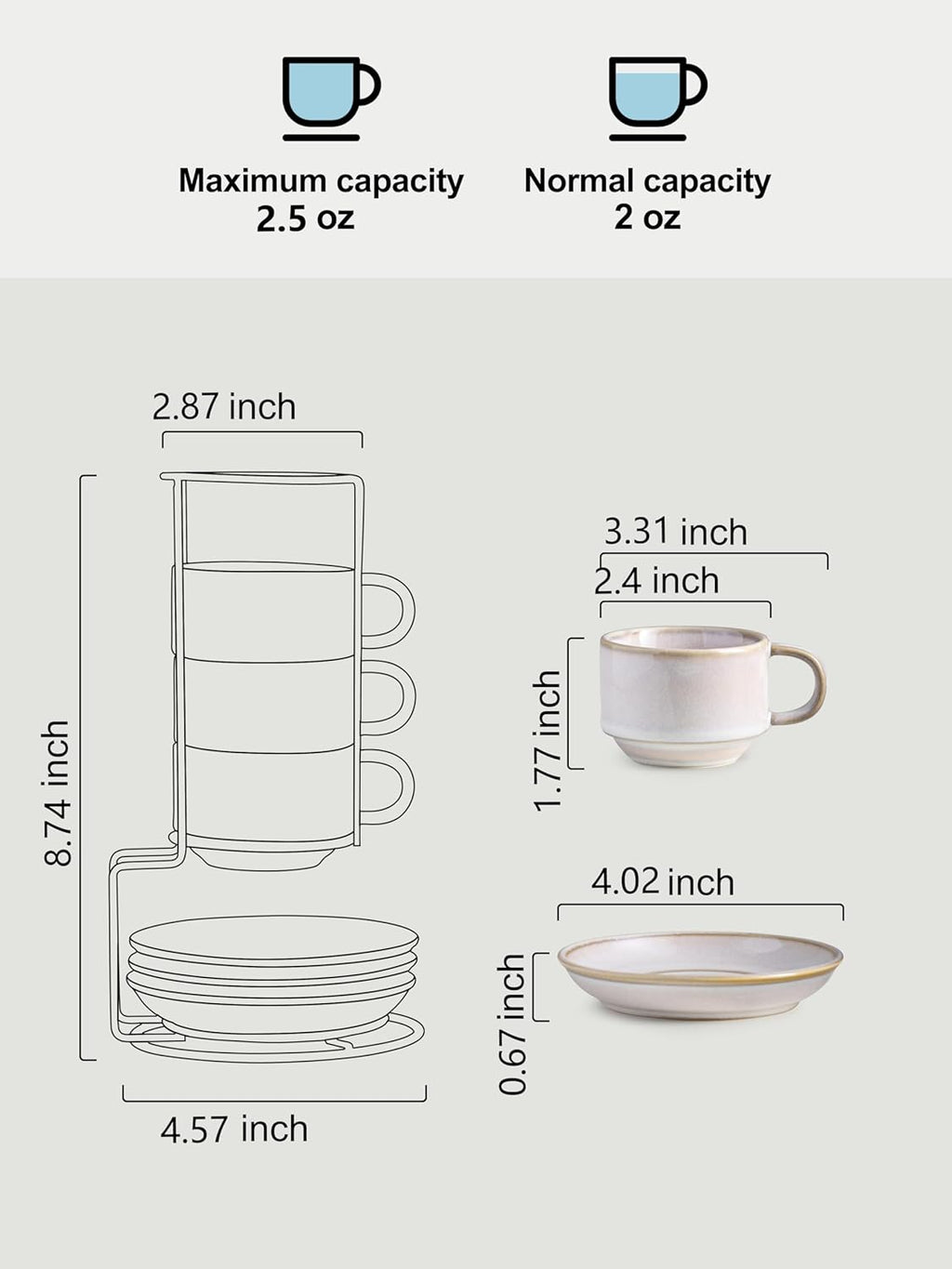 Gomakren 2.5 Ounce Espresso Cups Set of 4, Small Stackable Coffee Cups with Saucers and Metal Stand, Porcelain Demitasse Cups for Specialty Coffee Drinks, Espresso, Cappuccino, Latte, Tea, White