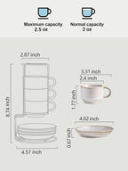 Gomakren 2.5 Ounce Espresso Cups Set of 4, Small Stackable Coffee Cups with Saucers and Metal Stand, Porcelain Demitasse Cups for Specialty Coffee Drinks, Espresso, Cappuccino, Latte, Tea, White