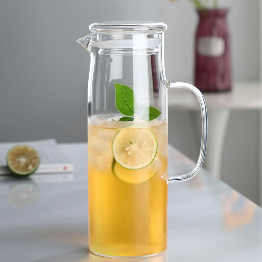 hjn Glass Water Pitcher with Lid Glass Carafe with Handle, Fridge Water Jug for Cold or Hot Beverages,Iced Tea,Milk,Juice 1500ml/51oz & glass lid