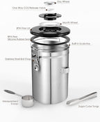 Airtight Coffee Canister, HAIOOU 22OZ Large Stainless Steel Coffee Bean Storage Container with Date Tracker, Measuring Scoop, 6Pcs CO2 Valves and Mini Tongs for Beans, Grounds, Sugar and more - Silver