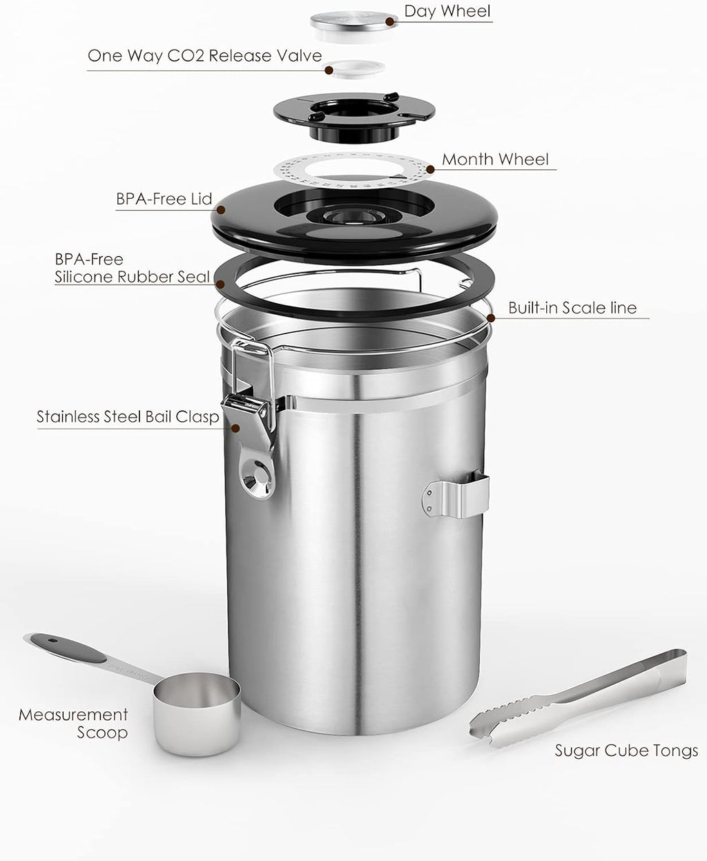 HAIOOU Airtight Coffee Canister, 16OZ Small Stainless Steel Coffee Bean Storage Container with Date Tracker, Measuring Scoop, CO2 Releasing Valves and Mini Tongs for Beans, Grounds and more - Silver