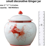 5 inches Ginger jar Lid - red fish decorative Ceramic Ginger jar vase with Lid， chinoiserie gift koi decor small jars for Home decor/jewelry/Tea/coffee beans/Storage