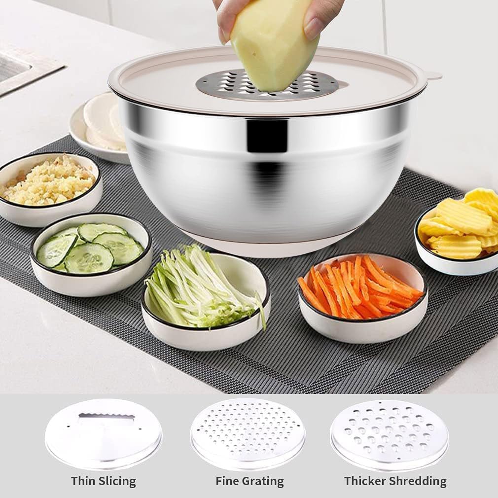 Mixing Bowls Set with Airtight Lids: 20PCS Stainless Steel Nesting Bowls - Size 7, 4, 3, 2, 1.5, 1QT Bowls with 3 Grater Attachments & Non-Slip Bottoms for Baking & Prepping