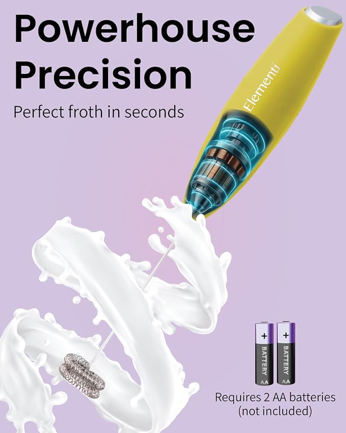 Elementi Milk Frother Handheld Double Whisk - Coffee Frother, Electric Stirrer & Matcha Whisk - Handheld Drink Mixer for Coffee (Yellow)