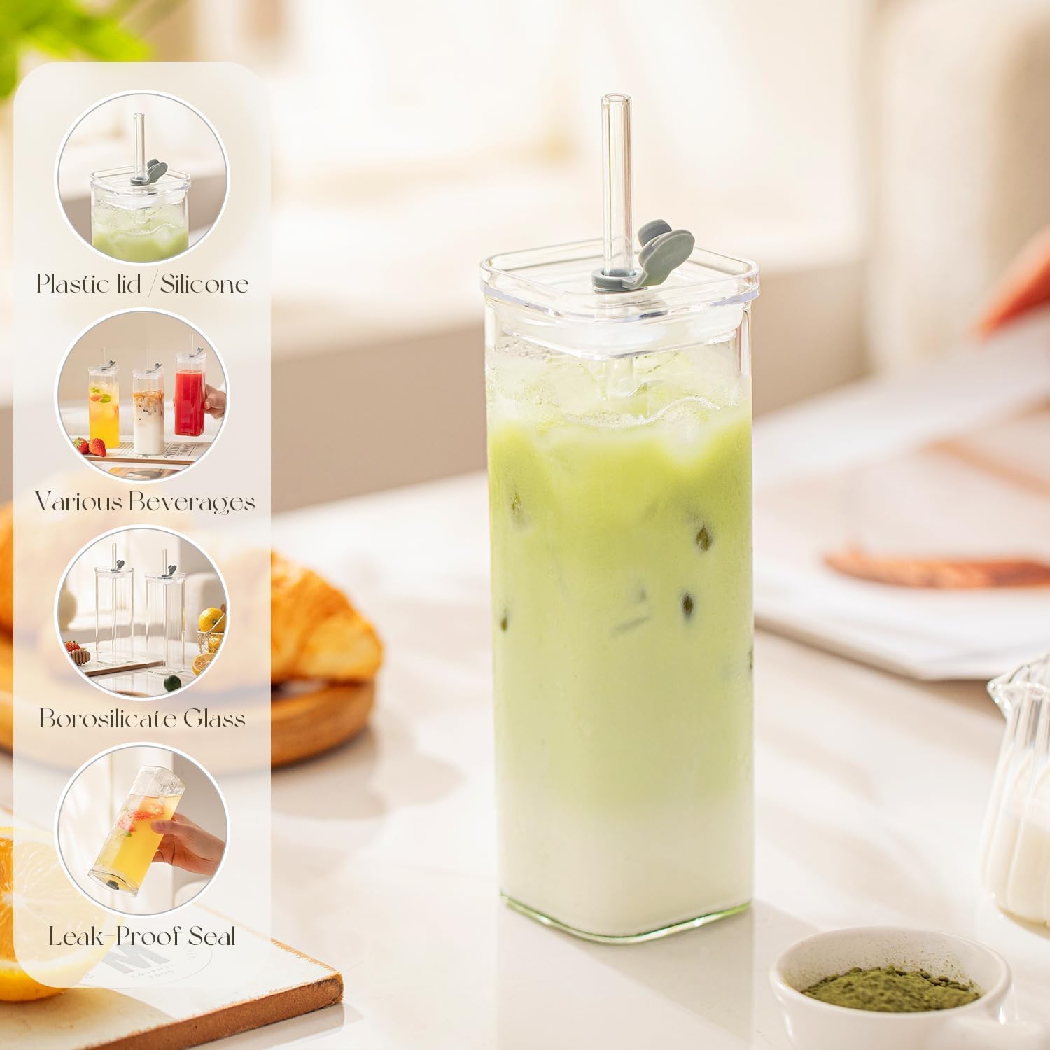 KEMORELA 6 Sets Glass Cups with Lids & Straws, Square Ribbed Drinking Glasses with Lids, Clear Highball Tumblers for Cocktail, Coffee, Juice, Beer, Modern Mixed Drinkware Jars