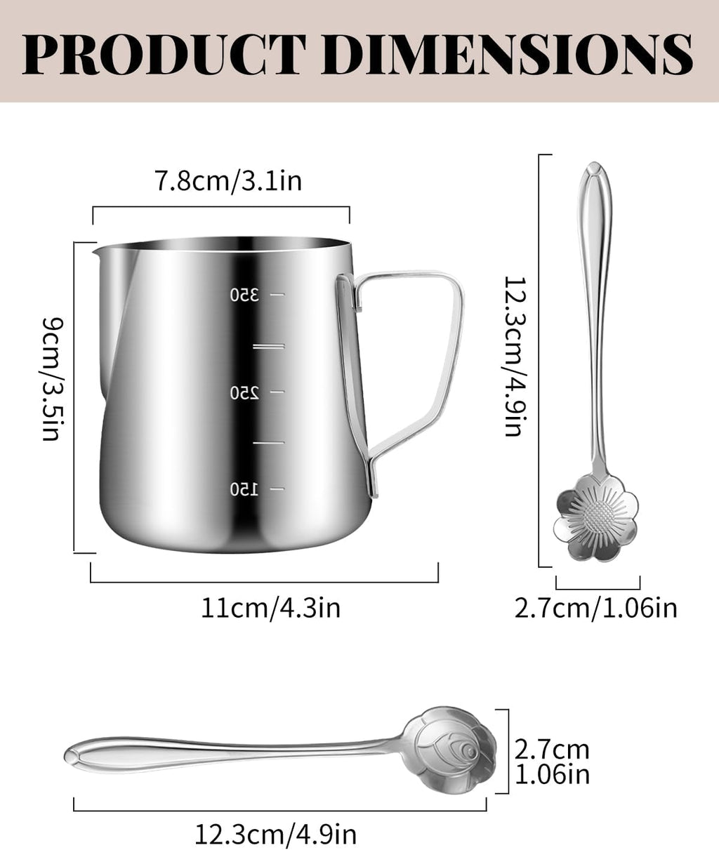 Milk Frothing Pitcher, 12oz/350ML Milk Frother Cup with Clear Scale 1PCS, Stainless Steel Cappuccino Espresso Machine Accessories for Barista Coffee Bar Attached Dessert Spoons 2PCS