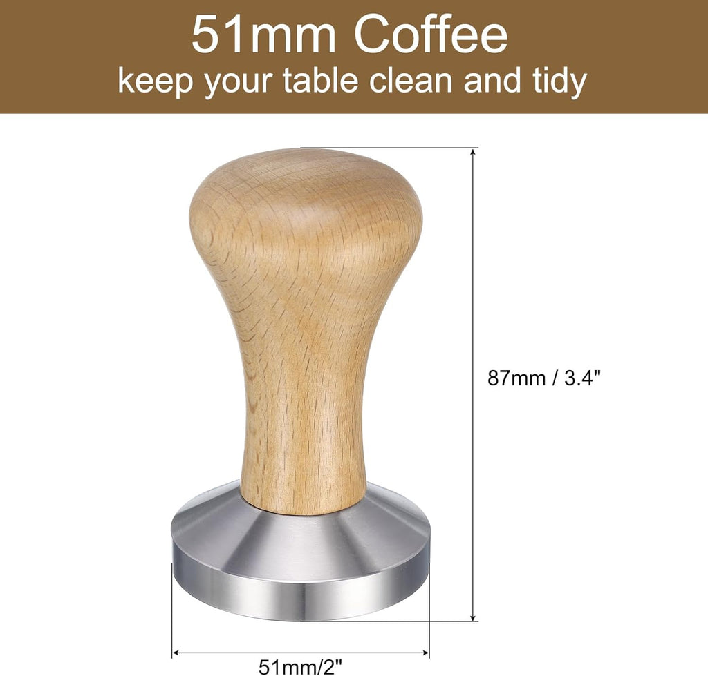 uxcell 51mm Espresso Tamper, Stainless Steel Press Tool Tamper with Wooden Handle, Espresso Accessories for Baristas, Home, Shops, Cafe (Flat Base, Light Wooden)