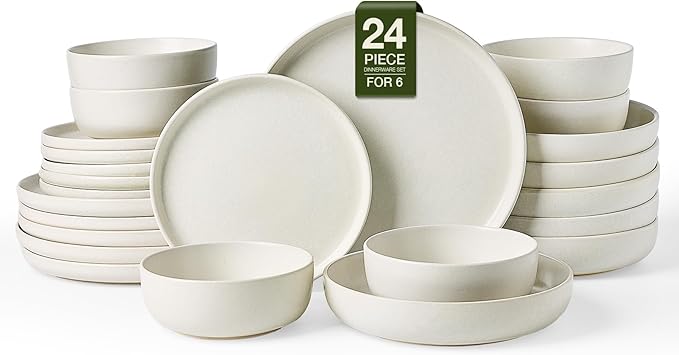 Famiware Milkyway Stoneware Dinnerware Sets with Pasta Bowls, Service for 6 (24 Pieces), Reactive Glaze Plates and Bowls Sets, Microwave and Dishwasher Safe Dishes Set, Matte Beige White