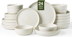 Famiware Milkyway Stoneware Dinnerware Sets with Pasta Bowls, Service for 6 (24 Pieces), Reactive Glaze Plates and Bowls Sets, Microwave and Dishwasher Safe Dishes Set, Matte Beige White