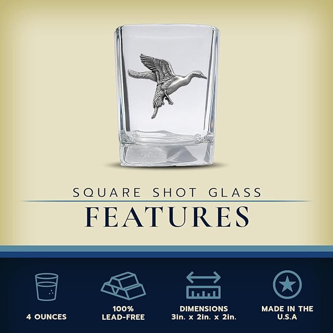Heritage Pewter Pintail Duck Square Shot Glass | Hand-Sculpted 1.5 Ounce Shot Glass | Intricately Crafted Metal Pewter Inlay