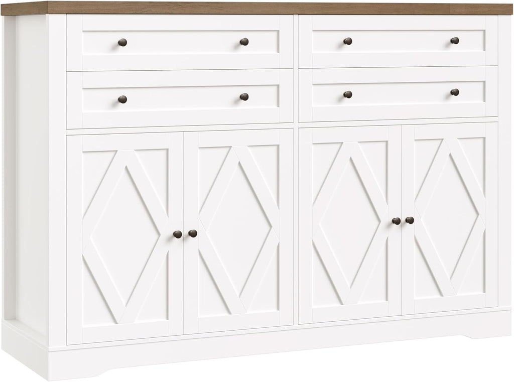 HOSTACK 55" Coffee Bar with 4 Large Drawers, 40" Tall Buffet Cabinet with Storage, Kitchen Storage Cabinet, Modern Farmhouse Sideboard Buffet, Adjustable Shelves for Living Room, White