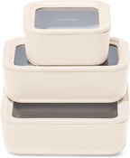 Caraway 3pc Glass Food Storage Set – 10 Cup, 6.6 Cup, & 4.4 Cup Food Containers - Ceramic Coated - Non Toxic Non Stick Lunch Box with Glass Lids - Dishwasher, Oven, & Microwave Safe - Cream
