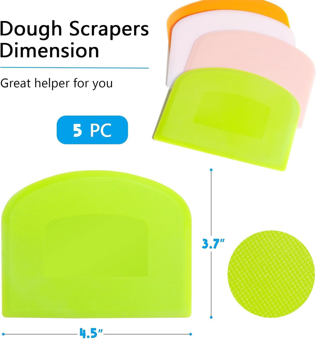 Dough Cutter Bench Scraper for Baking, 5 PCs BPA Free PE Plastic Flexible Bowl Scraper, Food-safe Plastic Dough Scraper for Bread Cake Dough Fondant Icing (White, Green, Orange, Blue, Pink)