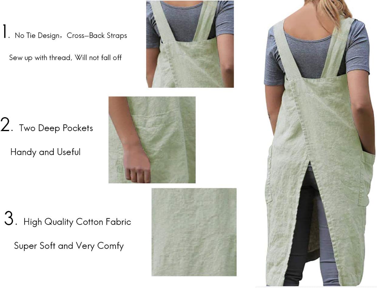 Women's Pinafore Square Apron Baking Cooking Gardening Works Cross Back Cotton/Linen Blend Dress with 2 Pockets
