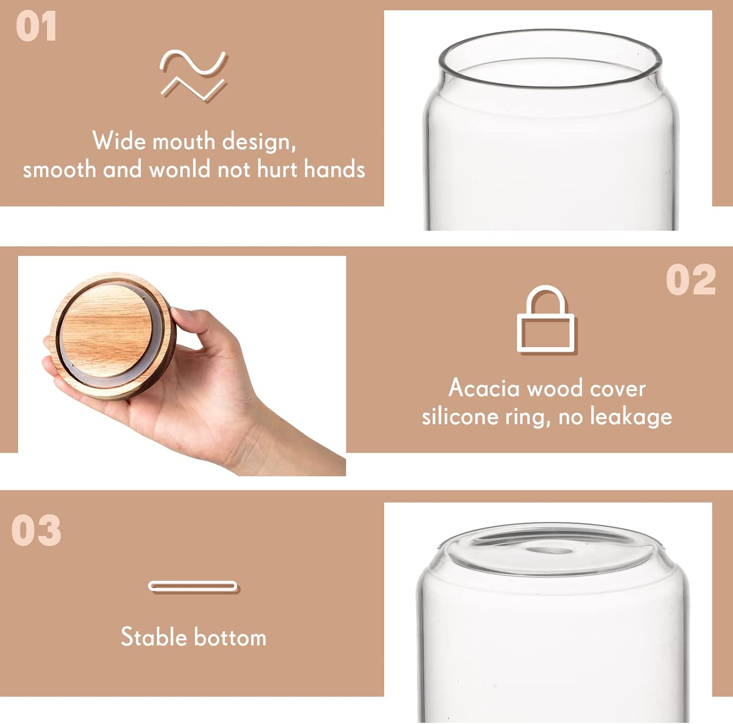 Irenare 16 Pcs 17 oz/ 500 ml Glass Canister Food Airtight Sealed Clear Borosilicate Glass Storage Jars with Lids Kitchen Spice Containers for Serving Coffee Sugar Tea Beans Candy Nuts Pantry (Wood)