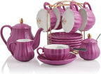 Porcelain Tea Sets British Royal Series, 8 OZ Cups& Saucer Service for 6, with Teapot Sugar Bowl Cream Pitcher Teaspoons and Tea Strainer, Suitable for High Tea, Wedding, Party (Violet)