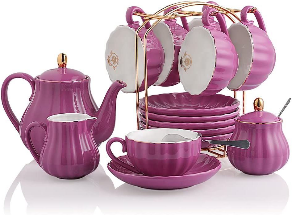 Porcelain Tea Sets British Royal Series, 8 OZ Cups& Saucer Service for 6, with Teapot Sugar Bowl Cream Pitcher Teaspoons and Tea Strainer, Suitable for High Tea, Wedding, Party (Violet)
