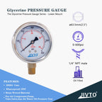 Pressure Gauge,Glycerin Liquid Filled,2.5" Dual Scale Dia,0-600 psi/bar/kpa,1/4" NPT Male Brass Connection,Lower Mount, Stainless Steel Case,for Pneumatic,Pump,Hose,Well Tank,Gas Air Water Oil
