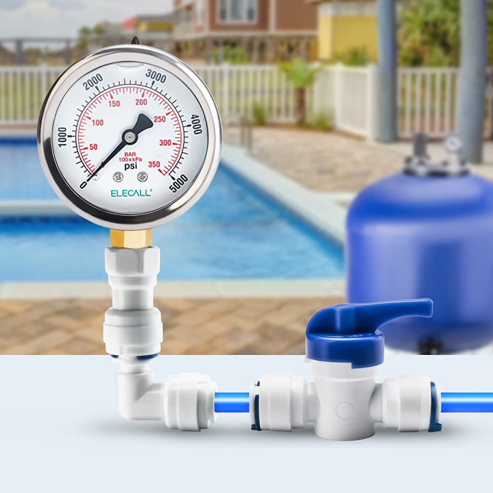 ELECALL 2-1/2" Glycerin Liquid Filled Air Pressure Gauge, 0-5000Psi, 1/4" NPT Lower Mount, Stainless Steel Case, Brass Internals, Water Pressure Gauge