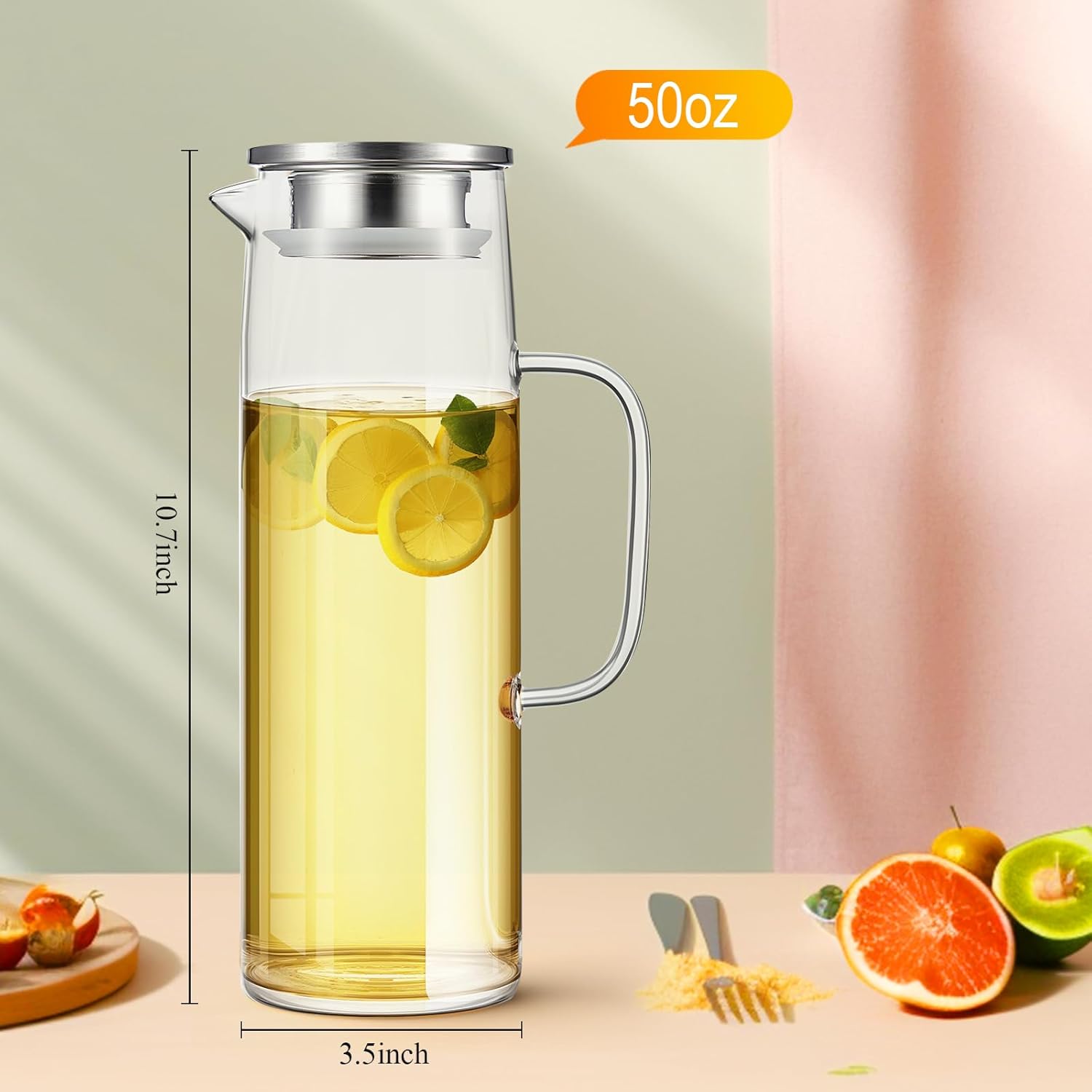 Hsei 2 Sets Glass Pitcher with Lid, 50 oz / 1500 ml Water Carafe with Handles Hot Cold Beverage Water Jar Glass Jug for Tea Juice Milk Coffee Iced Beverage