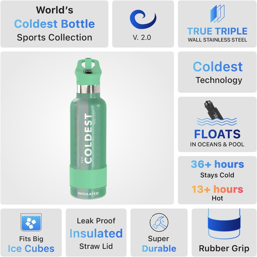 Coldest Insulated Water Bottle with Straw Lid - Stainless Steel Metal Insulated Bottle for Men & Women (Green Aurora Glitter, 21 oz)