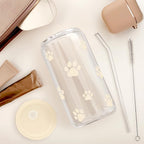 Paw Print 16oz Can Glass Tumbler with Acrylic Lid & Straw - Iced Coffee Cup for Women Cat Dog Mom, Aesthetic Cups Gifts for Birthday Christmas