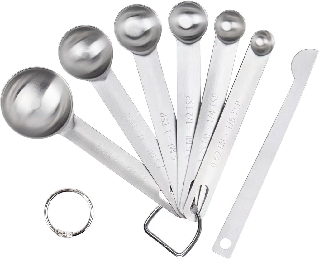 Upgrade Stainless Steel Measuring Spoons Set, Small Tablespoon, Teaspoons, Set 6 with Bonus Leveler, Etched Markings and Removable Clasp for Dry and Liquid, Fits in Spice Jars