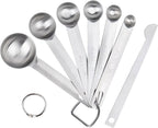 Upgrade Stainless Steel Measuring Spoons Set, Small Tablespoon, Teaspoons, Set 6 with Bonus Leveler, Etched Markings and Removable Clasp for Dry and Liquid, Fits in Spice Jars