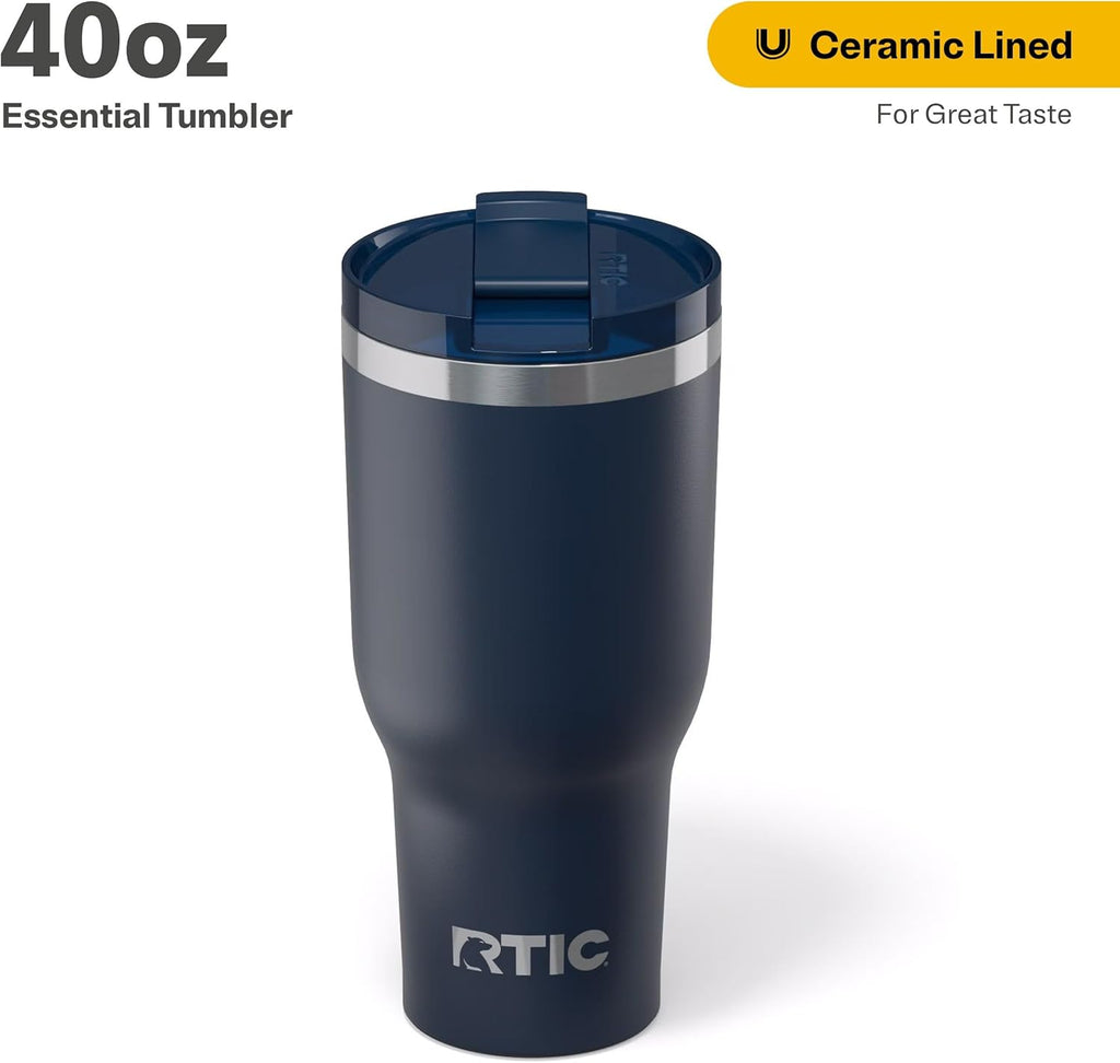RTIC 40oz Essential Tumbler with Lid, Insulated, Stainless Steel, Metal, Double Wall Vacuum-Insulation, Ceramic Lined, Travel Cup for Iced Coffee, Tea, Hot and Cold Drink, Navy