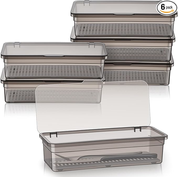Remerry 6 Pcs Flatware Tray with Lid and Drainer, Plastic Utensil Organizer, Kitchen Cutlery Transparent Storage Box with Lid and Drain Rack, Drawer Tableware Storage Box for Home and Travel (Grey)