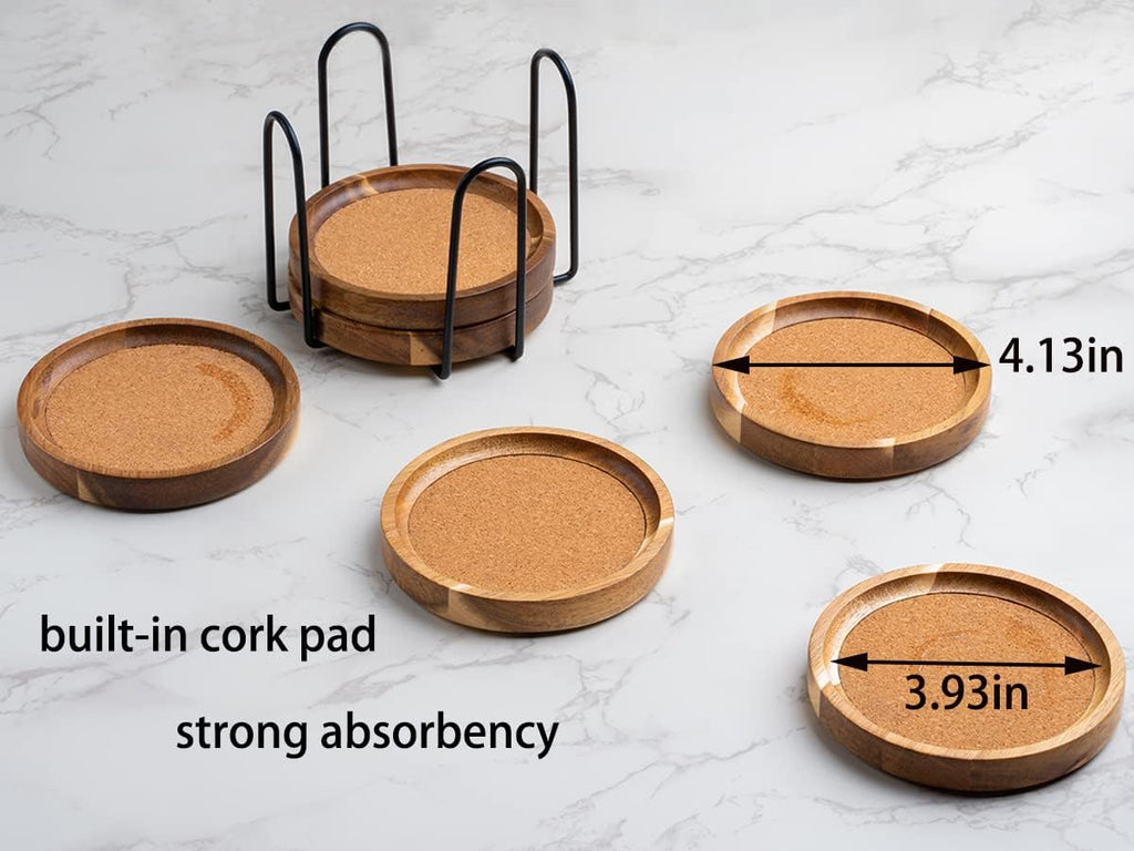 Coasters for Drinks Absorbent with Holder, Acacia Wood Cork Coaster for Coffee Table Wooden Table Coaster for Farmhouse Desk Extra Large Coasters, Set of 6