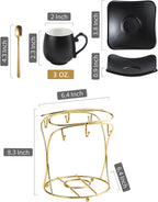 LYEOBOH Espresso Cups with Saucers Set, 3 Ounces Porcelain Coffee Cups with Metal Stand and Spoons, Cappuccino Cups Cute Demitasse Cups for Coffee Drinks, Latte, Tea Set of 6, Black
