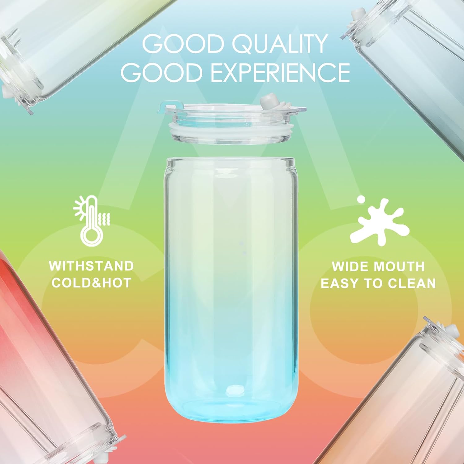 COMI 6pcs Glass Cups with Lids And Straws, Glass Tumbler for Iced Coffee, Drinking Glasses with Two Cleaning Brush,Glass Drinking Set