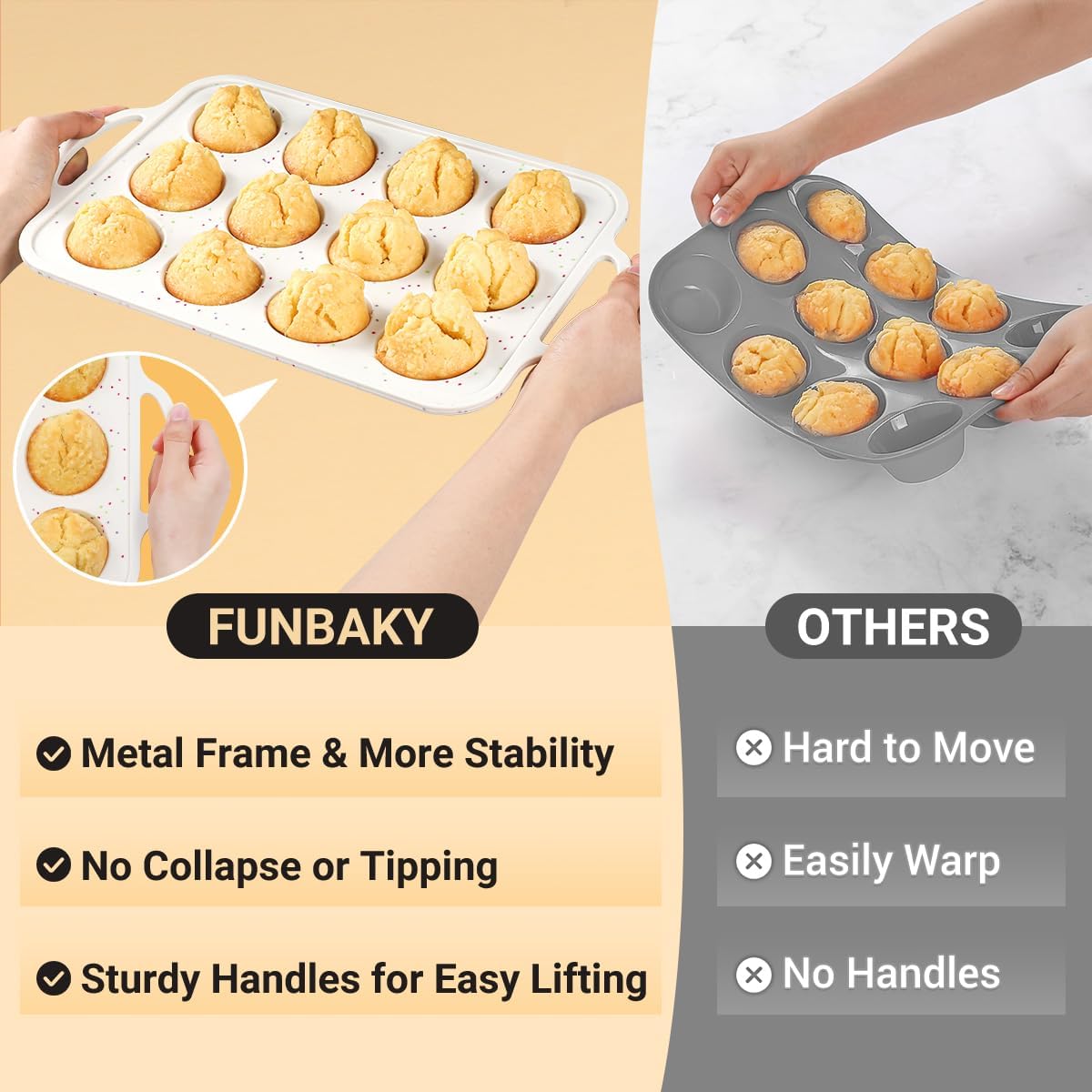 FUNBAKY Silicone Cupcake Pan, Metal Reinforcement Regular Size 12 Cups & Mini 24 Cups Nonstick Easy to Demold Baking Mold for Making Homemade Muffins