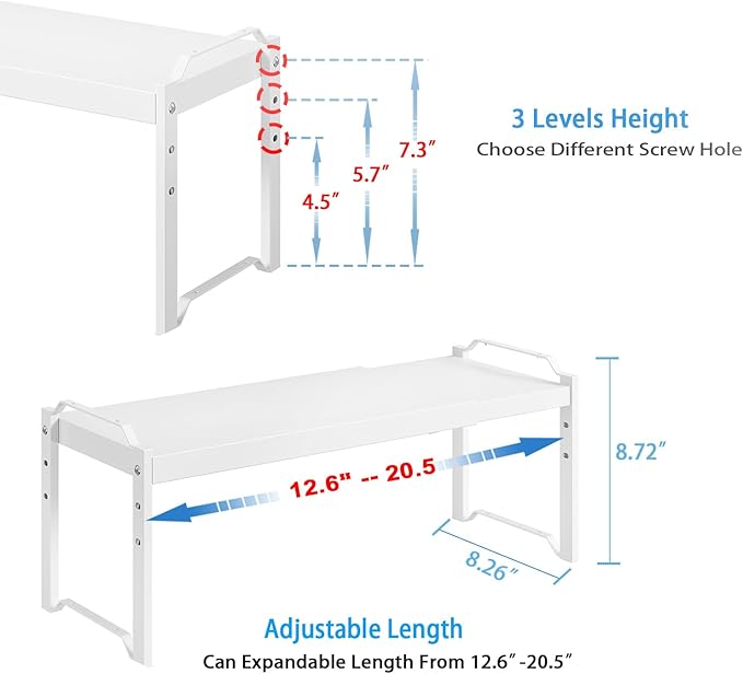 2 Pack Expandable Kitchen Cabinet Shelves Organizers, Stackable Adjustable Small Storage Shelf Rack Stand Riser for Pantry Cabinet Cupboard Kitchen Counter Organization, 22 lbs Capacity, Length:20.5"