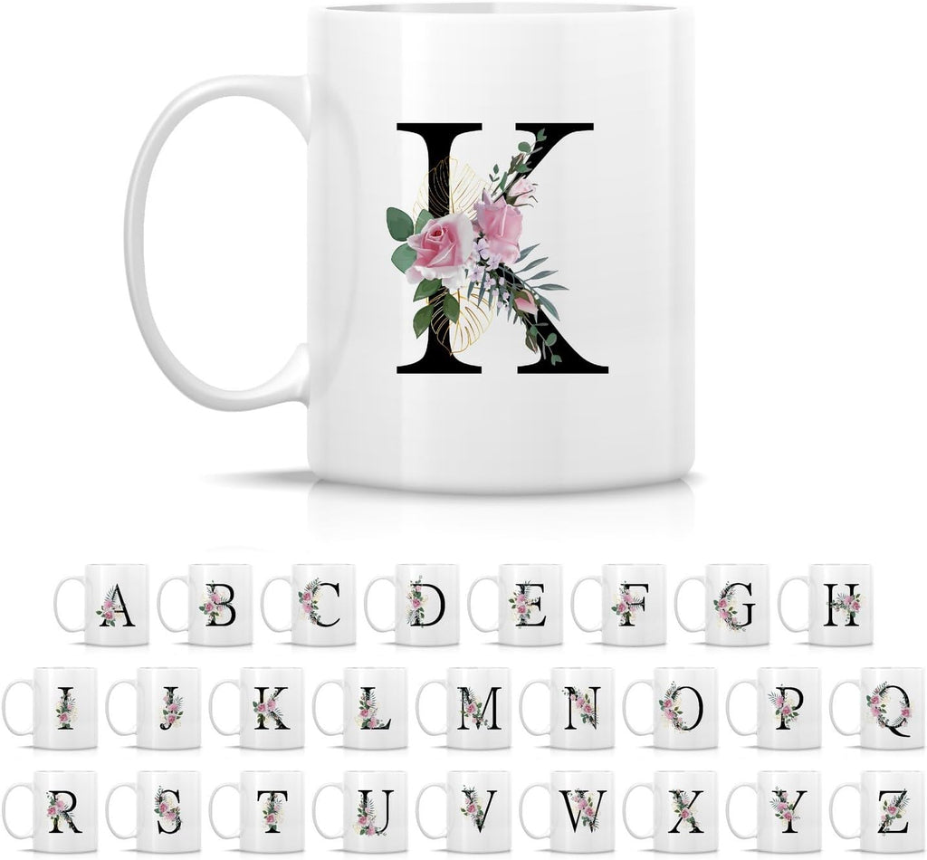Retreez Initial A-Z Floral Botanical Bouquet Alphabet Monogrammed Monogram Mug 11 Oz Ceramic Tea Coffee Mugs - Appreciation Thank You Wedding Birthday Gifts for her friend coworker sister - K Initial