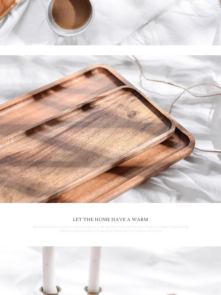 2 PCS Solid Acacia Wood Serving Trays Rectangular Wooden Serving Platters Natural Wooden Boards for Bar Coffee Party 13.5 * 9.5 inch (13.5 * 9.5)
