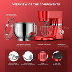 Stand Mixer, POWWA 7.5 QT Electric Mixer, 6+P Speed 660W Household Tilt-Head Kitchen Food Mixers with Whisk, Dough Hook, Mixing Beater & Splash Guard for Baking, Cake, Cookie, Kneading (Red)